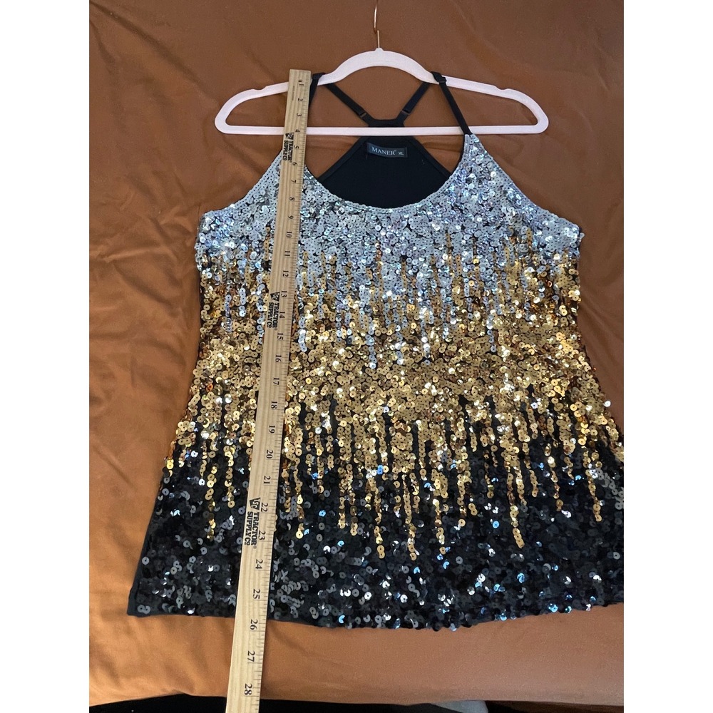 MANER Women's XL Sequin Tank Top‎ Silver Gold Black Ombre Adjustable Strap Party - Picture 3 of 9